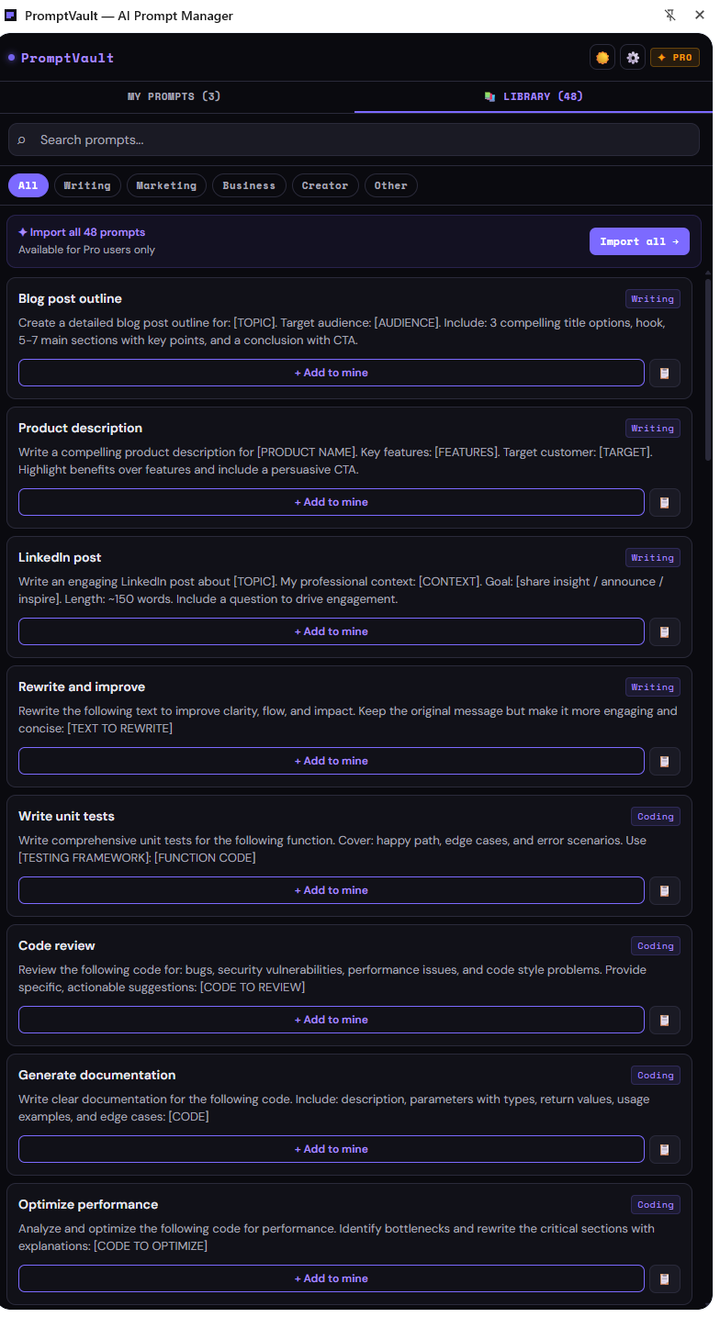48+ ready-to-use prompts in the library